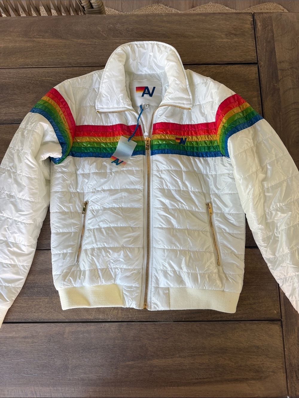 Aviator Nation White Puffer Jacket with Rainbow Stripes
